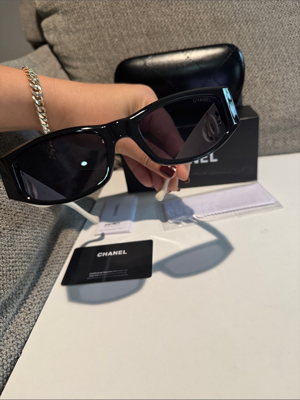 CHANEL Two-Tone Rectangular Sunglasses - Black Front & White Temples - Picture 8 of 8